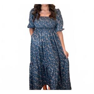 NEW ELLOH women's romantic floral hi lo flowy maxi dress in blue